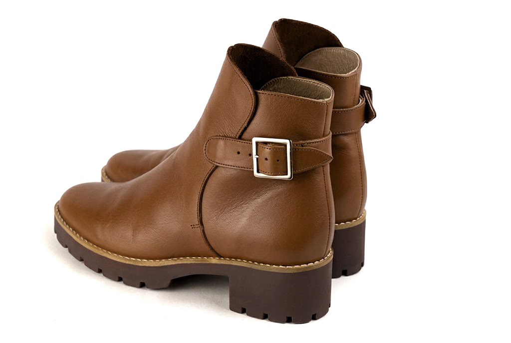 Women's cognac back-buckle ankle boots with round toe and chunky rubber lug sole - Rear view